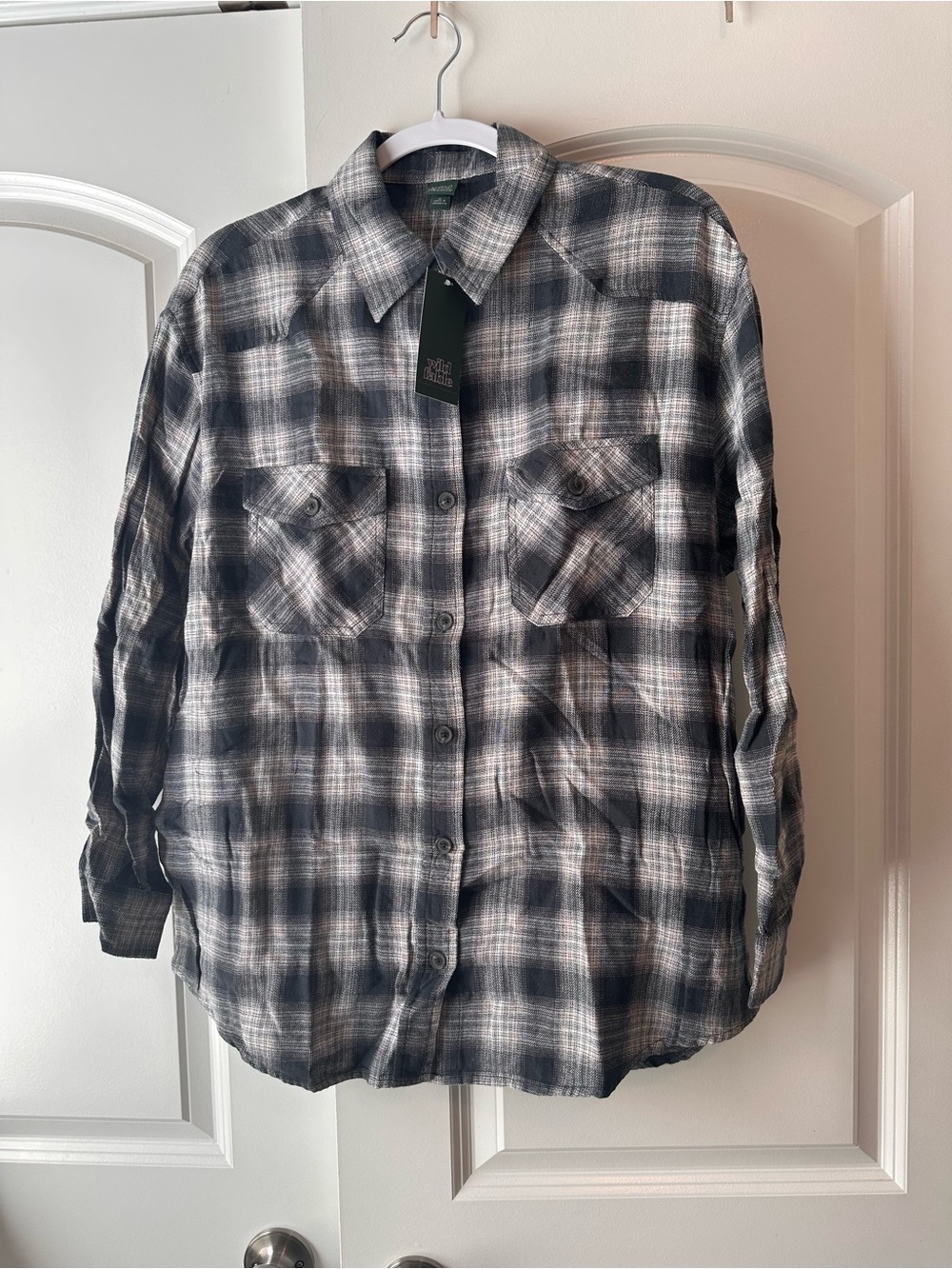 wild fable Black and Gray Plaid Button-Down Shirt with Chest Pockets